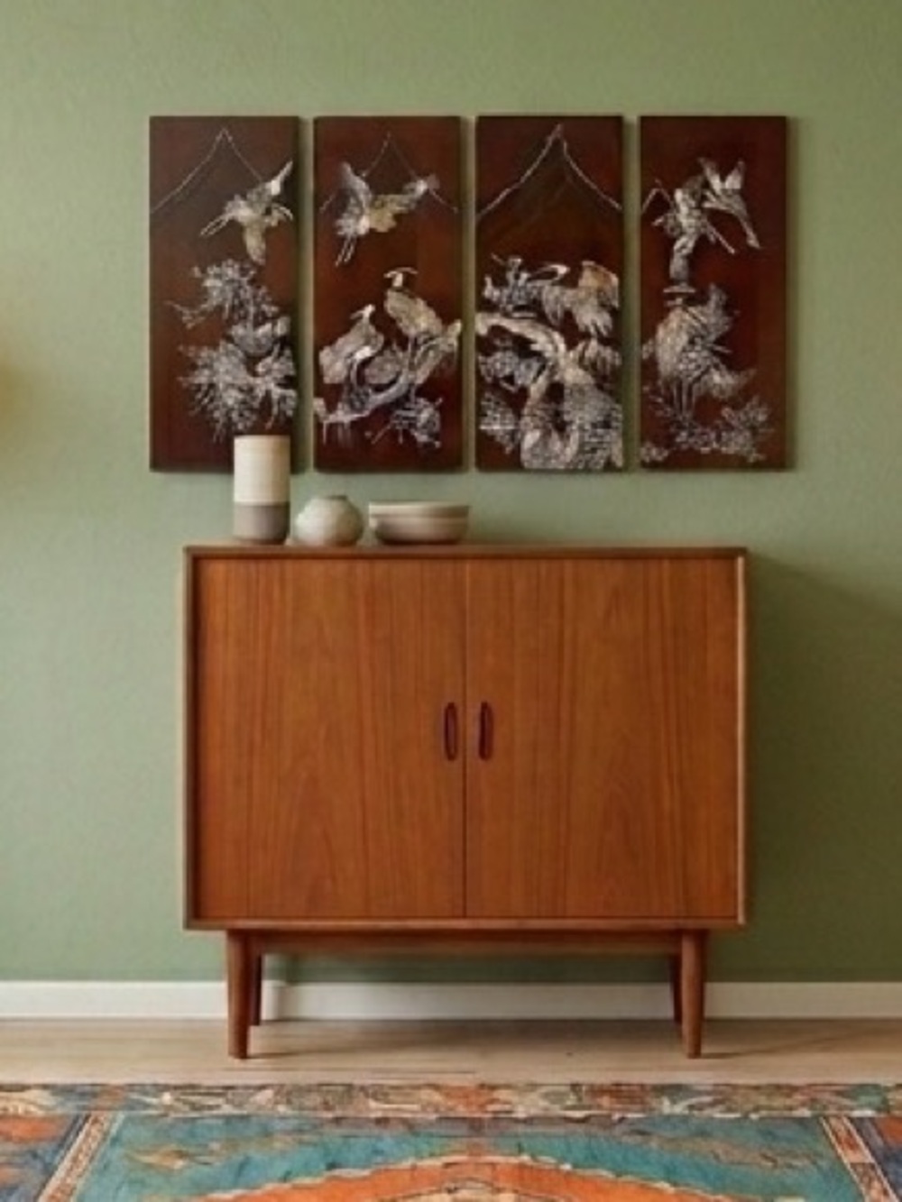 Vintage Mother of Pearl Inlay Crane Lacquer Wall Art Panels Red OS